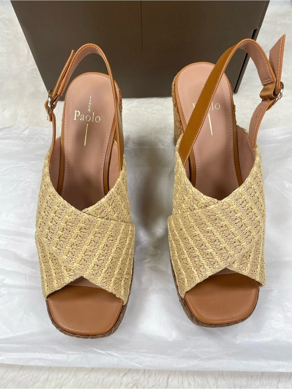Paolo Beige & Tan Woven Platform Slingback Wedges 9.5